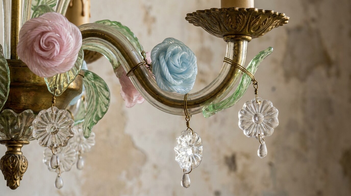 Hand-blown Murano glass flowers and leaves on a ciocca chandelier arm