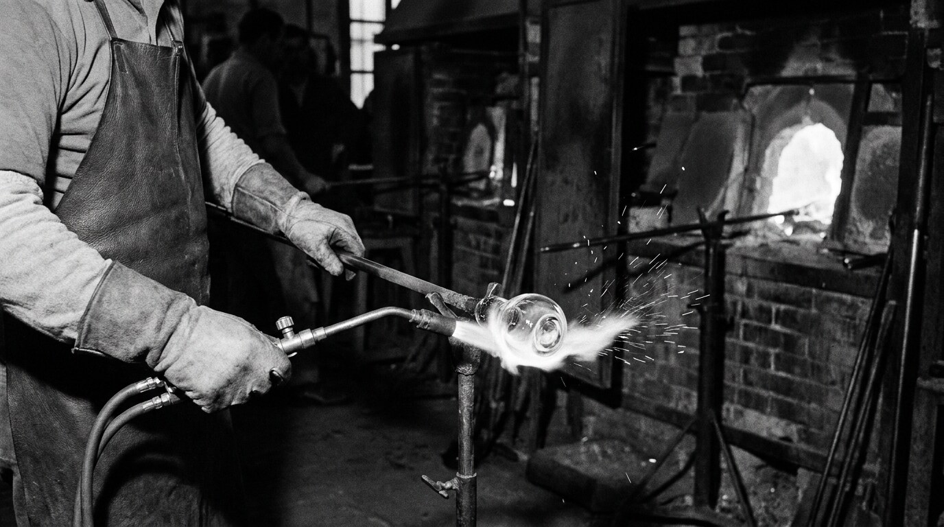 A Murano glassblower shaping a hand-blown flower for a chandelier at the furnace