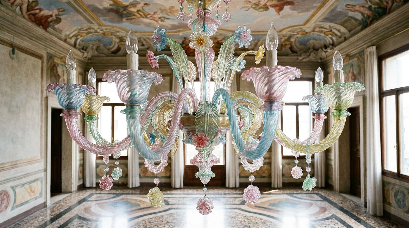 A classic ciocca Murano chandelier with twelve pastel-coloured arms, hand-blown glass flowers and leaves, dripping rosette pendants, suspended in a Venetian palazzo with a frescoed ceiling
