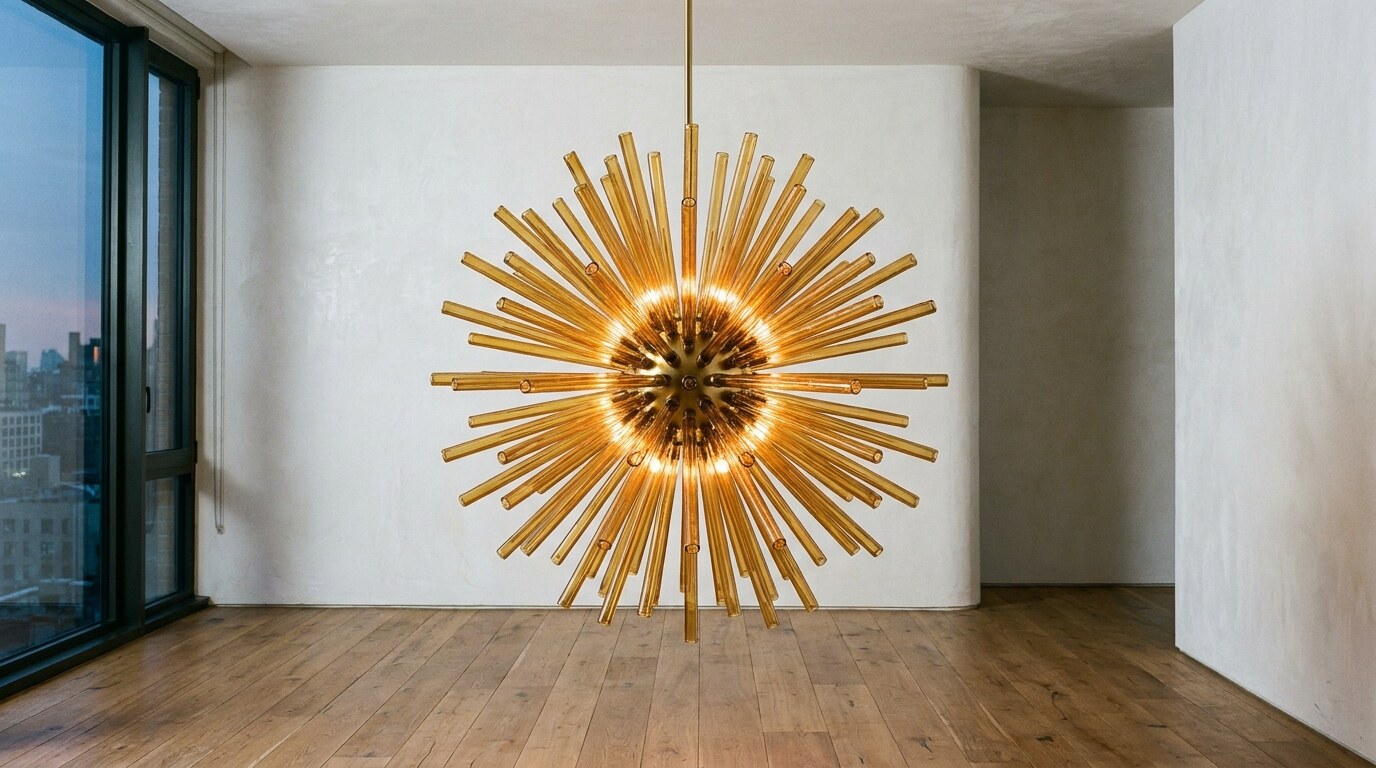 A modernist Venini chandelier, design c. 1965, in a contemporary residential setting