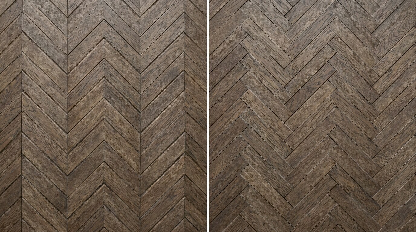 Chevron (left) and herringbone (right) parquet patterns compared at equal scale