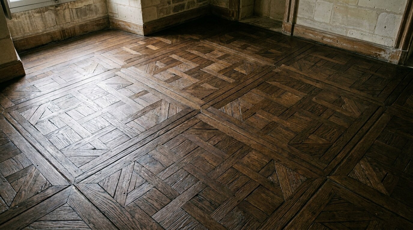An overhead photograph of parquet de Versailles in French oak: 1.0-metre square panels with interlocking diagonal slats and stop-chamfered border, fumed honey tone