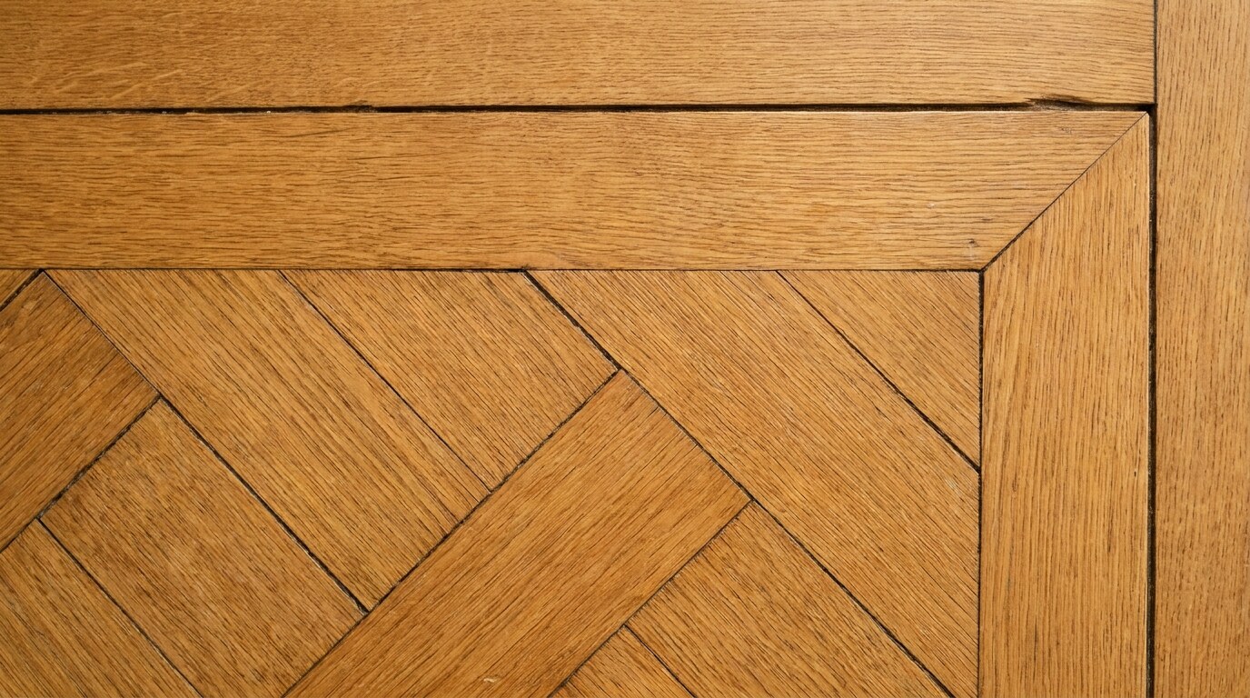 Detail of a parquet de Versailles panel corner showing interlocking diagonal slats and chamfered perimeter