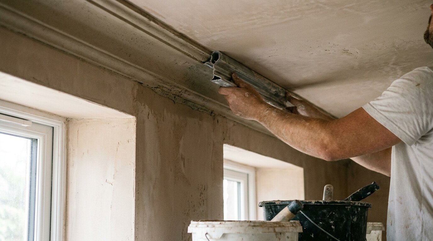 A plasterer running an in-situ cornice with a profiled template, the standard Georgian technique