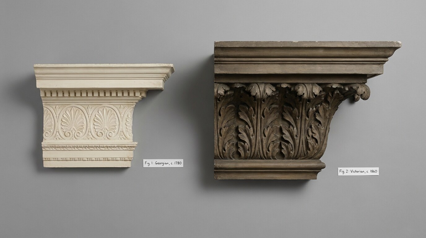 Georgian (left) and Victorian (right) cornice profiles compared at equal scale