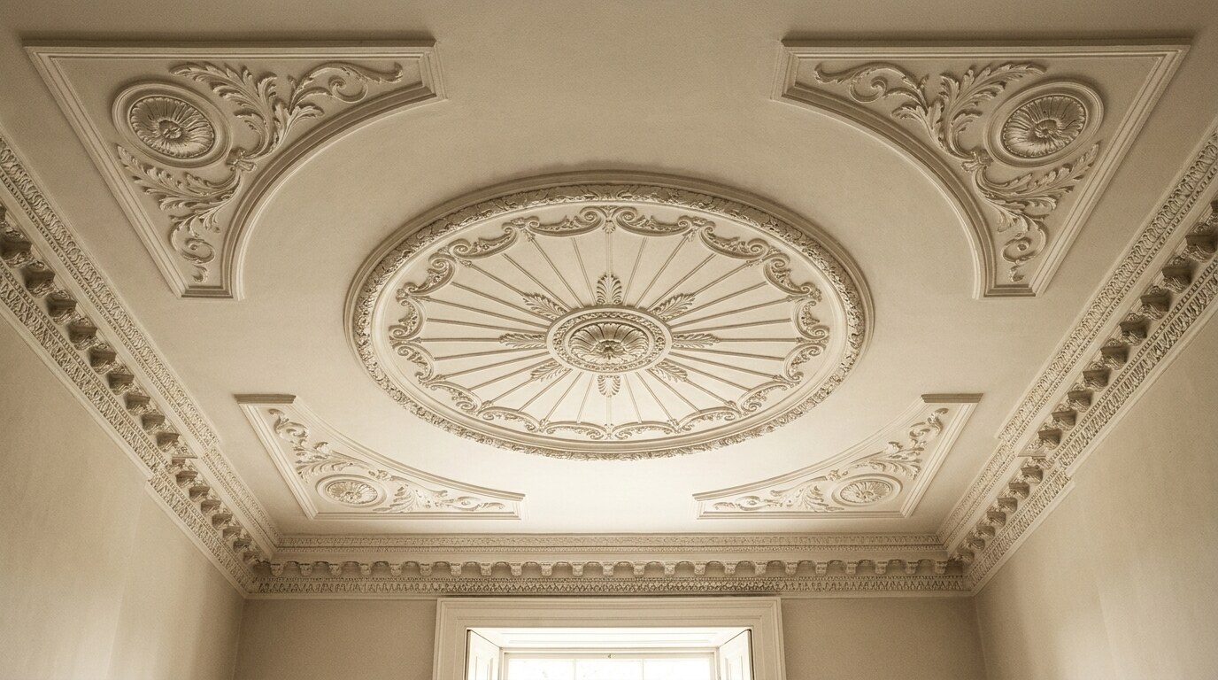 A Georgian drawing-room ceiling with central oval ceiling rose, deep classical cornice, and corner spandrels of acanthus and patera in low-relief plasterwork
