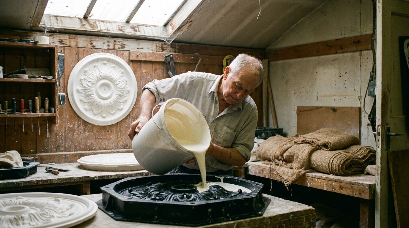 A craftsman casting a fibrous-plaster ceiling rose in a workshop