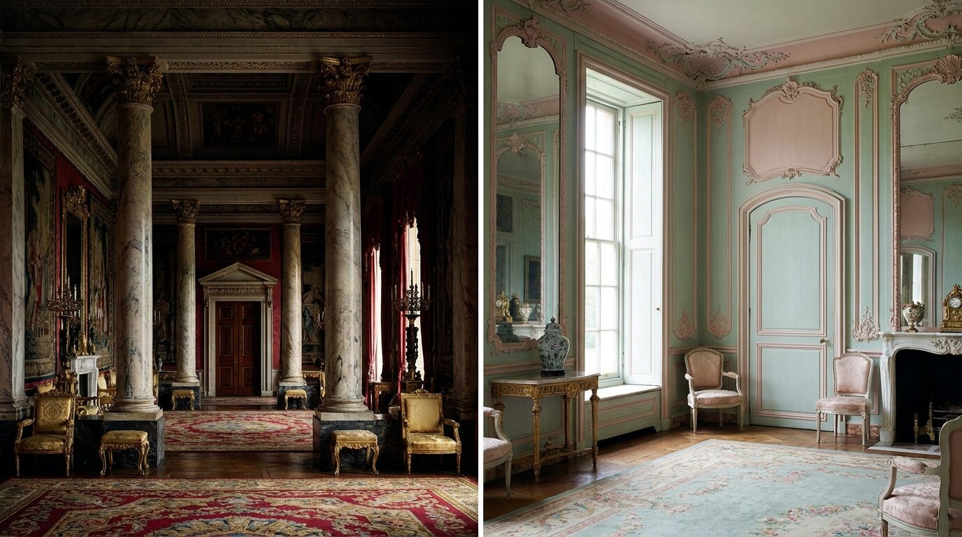 A side-by-side composite: a Baroque state hall with massive symmetrical architecture and dramatic chiaroscuro on the left, and a Rococo intimate salon with asymmetric pastel rocaille mouldings on the right