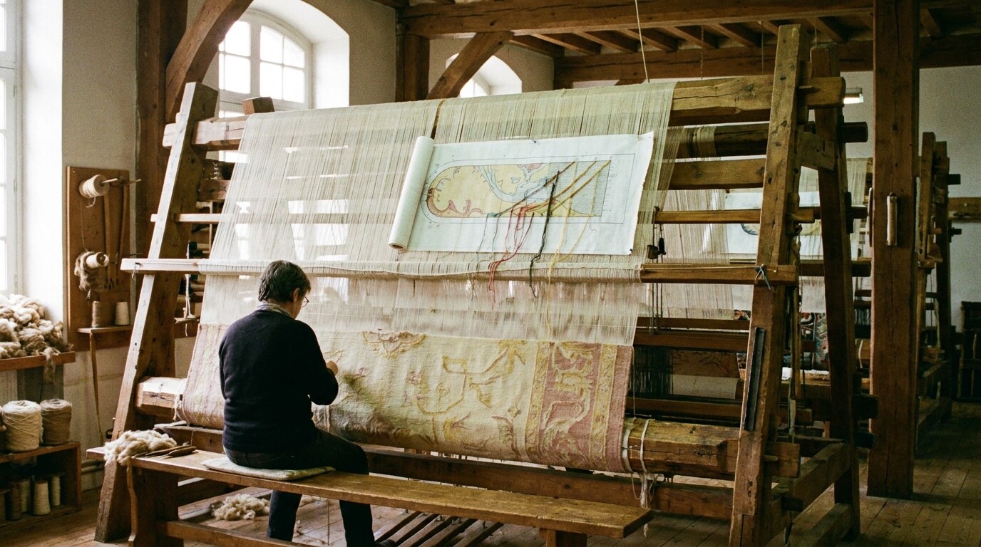 An Aubusson loom in operation at Manufacture Robert Four, founded 1890