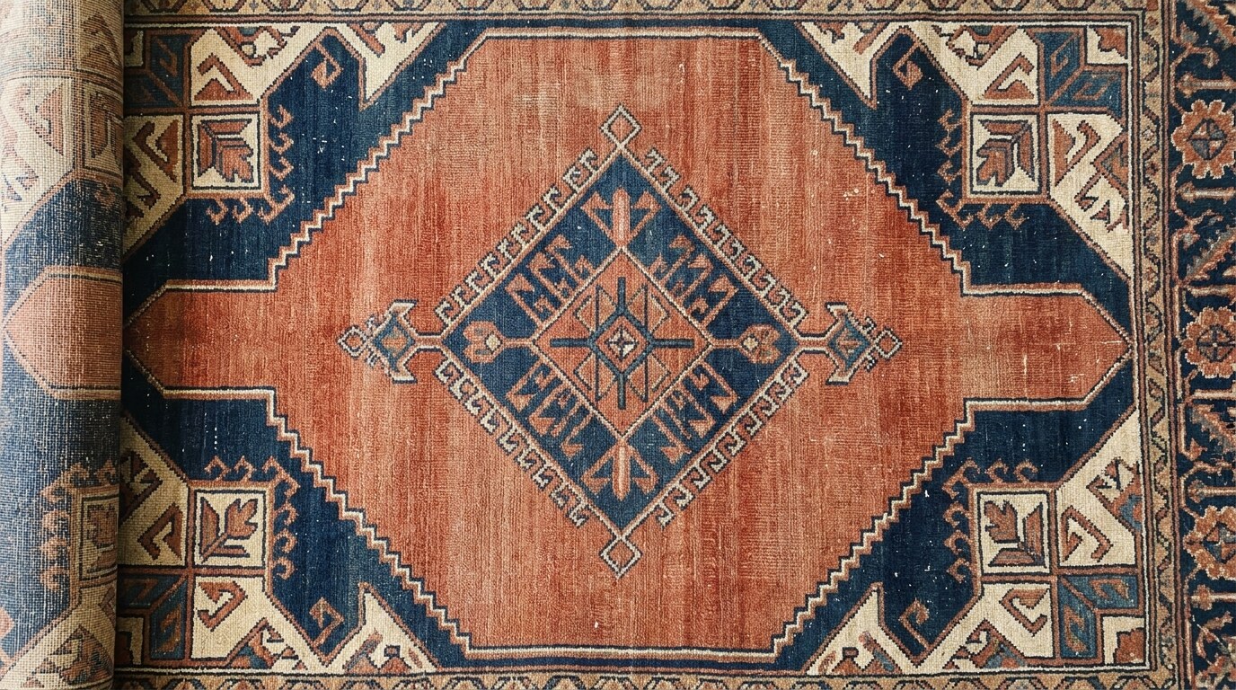 Geometric central medallion of a Heriz Persian rug, terracotta and navy palette