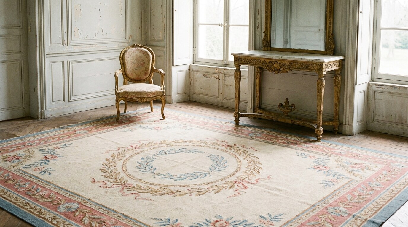 A French Aubusson rug in soft palette of cream, faded rose, and pale blue, with a central medallion of laurel garland and corner spandrels in flat-woven panels on a salon floor
