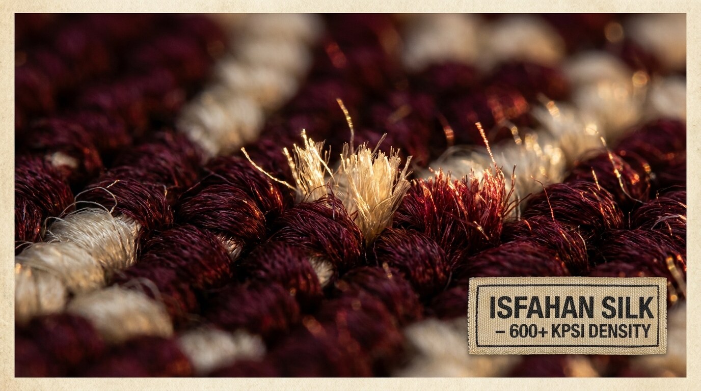Detail of fine Senneh knots on an Isfahan silk rug, approximately 600 knots per square inch