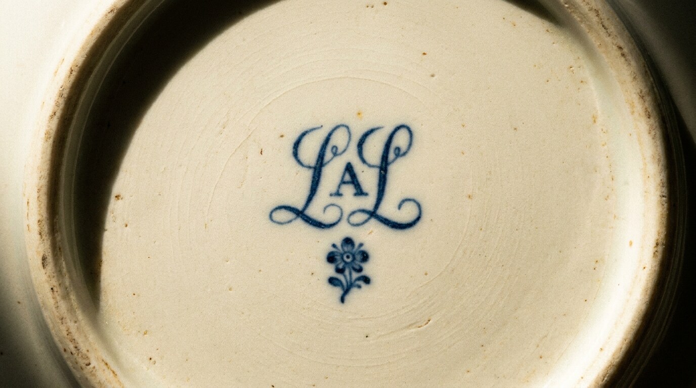 Underside of a Sèvres piece showing interlaced-L mark, year letter, and painter's symbol