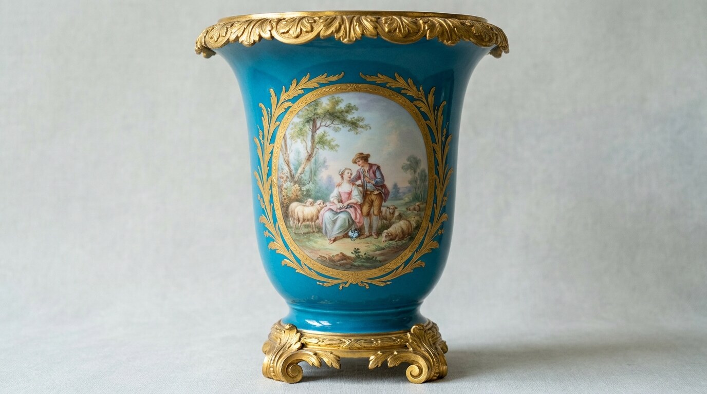 A Sèvres vase in bleu céleste ground, c. 1760, with painted pastoral reserve