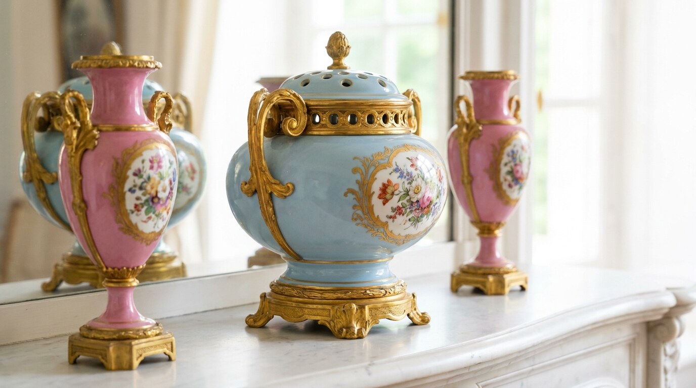 A Sèvres porcelain garniture on a marble chimneypiece: central potpourri vase in bleu céleste with gilt-bronze mounts, flanked by two smaller vases in rose Pompadour, all on a Carrara marble shelf