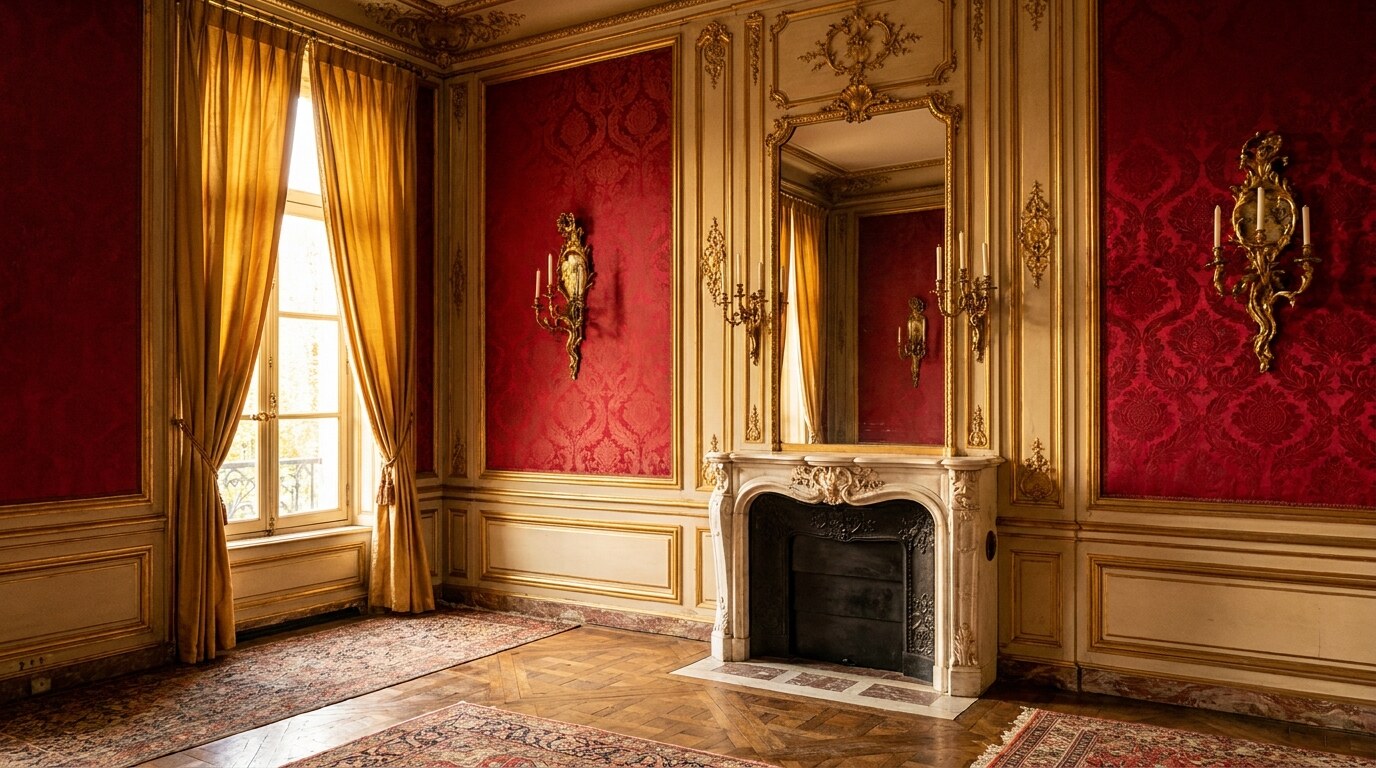An installed silk damask wallcovering in a drawing room: pomegranate-pattern crimson silk damask panels stretched between fillets, on three walls of an 18th-century salon