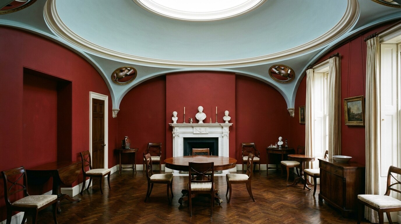 The Breakfast Room at the Sir John Soane's Museum: shallow saucer-dome ceiling painted soft pale blue with pendentive convex mirrors, Pompeian red walls, and yellow window reveals