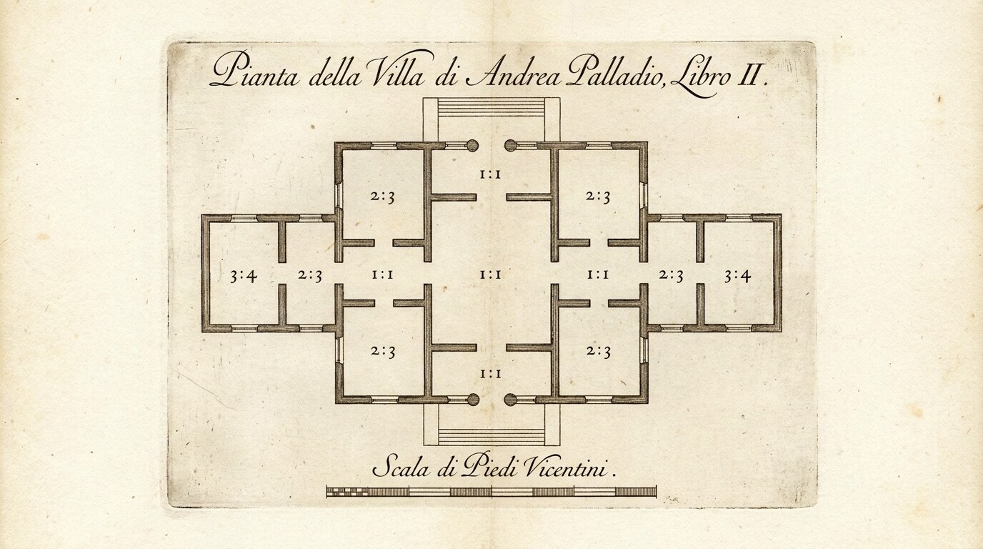 A plan from Palladio's I quattro libri, 1570, showing bilateral symmetry and Palladian room ratios