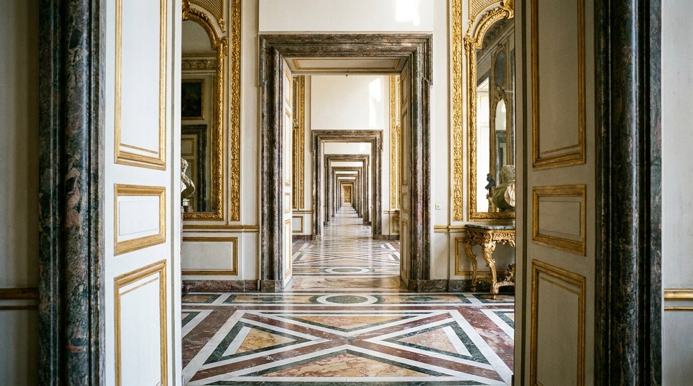 The 240-metre enfilade at Versailles, with 14 successive aligned doorways from Salon d'Hercule to Salle de la Guerre