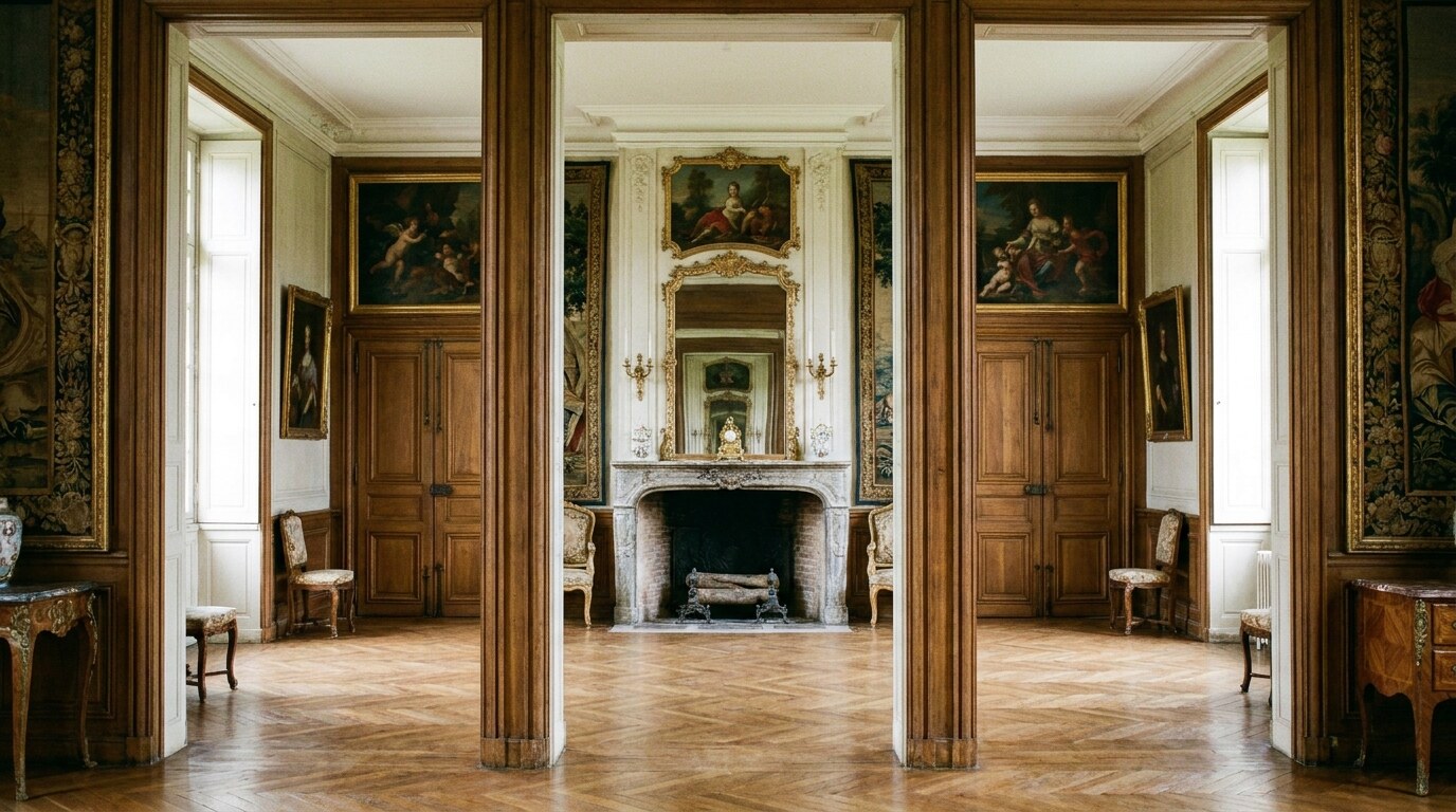 An enfilade sight line through five aligned doorways at a French château, with each room bilaterally symmetric and centred on the axis: chimneypiece in centre wall, paired doors on either side