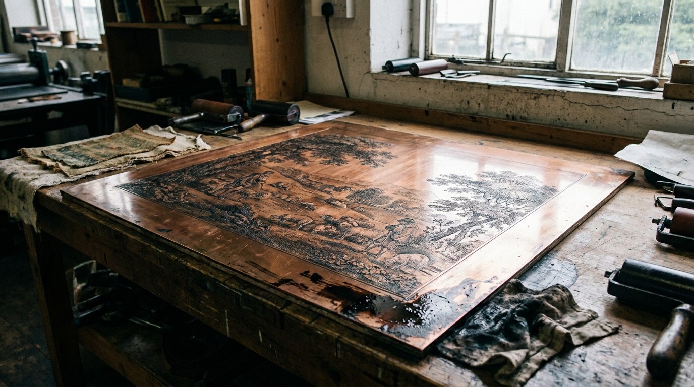 An engraved copper printing plate for Toile de Jouy, c. 1780