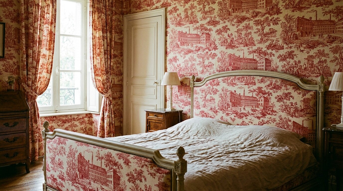 A bedroom with red Toile de Jouy fabric on the headboard, walls, and curtains, in the Les Travaux de la Manufacture pattern depicting the Oberkampf factory, with cream cotton ground
