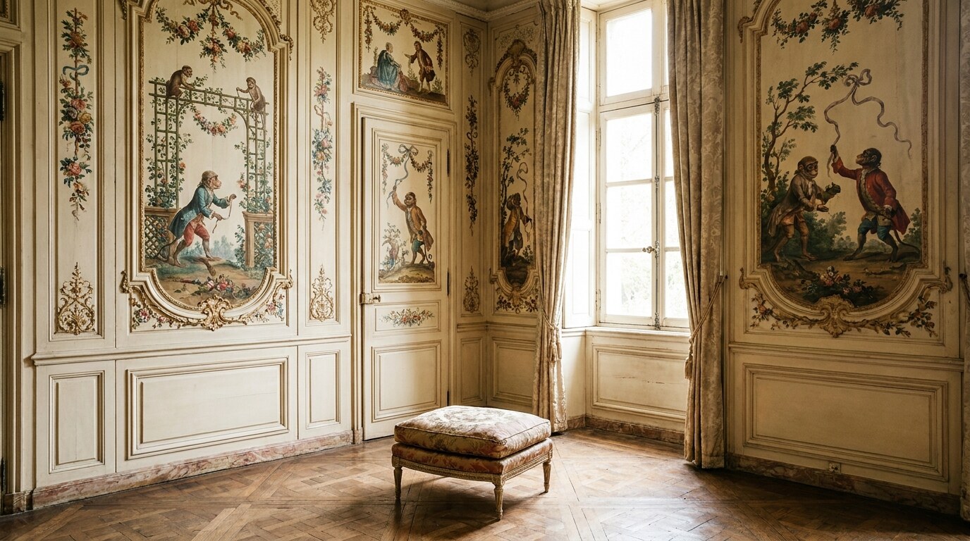A trompe-l'œil cabinet de singerie with painted illusionistic monkeys, ribbons, and treillage on cream-painted boiserie panels in the manner of Christophe Huet at the Hôtel de Rohan