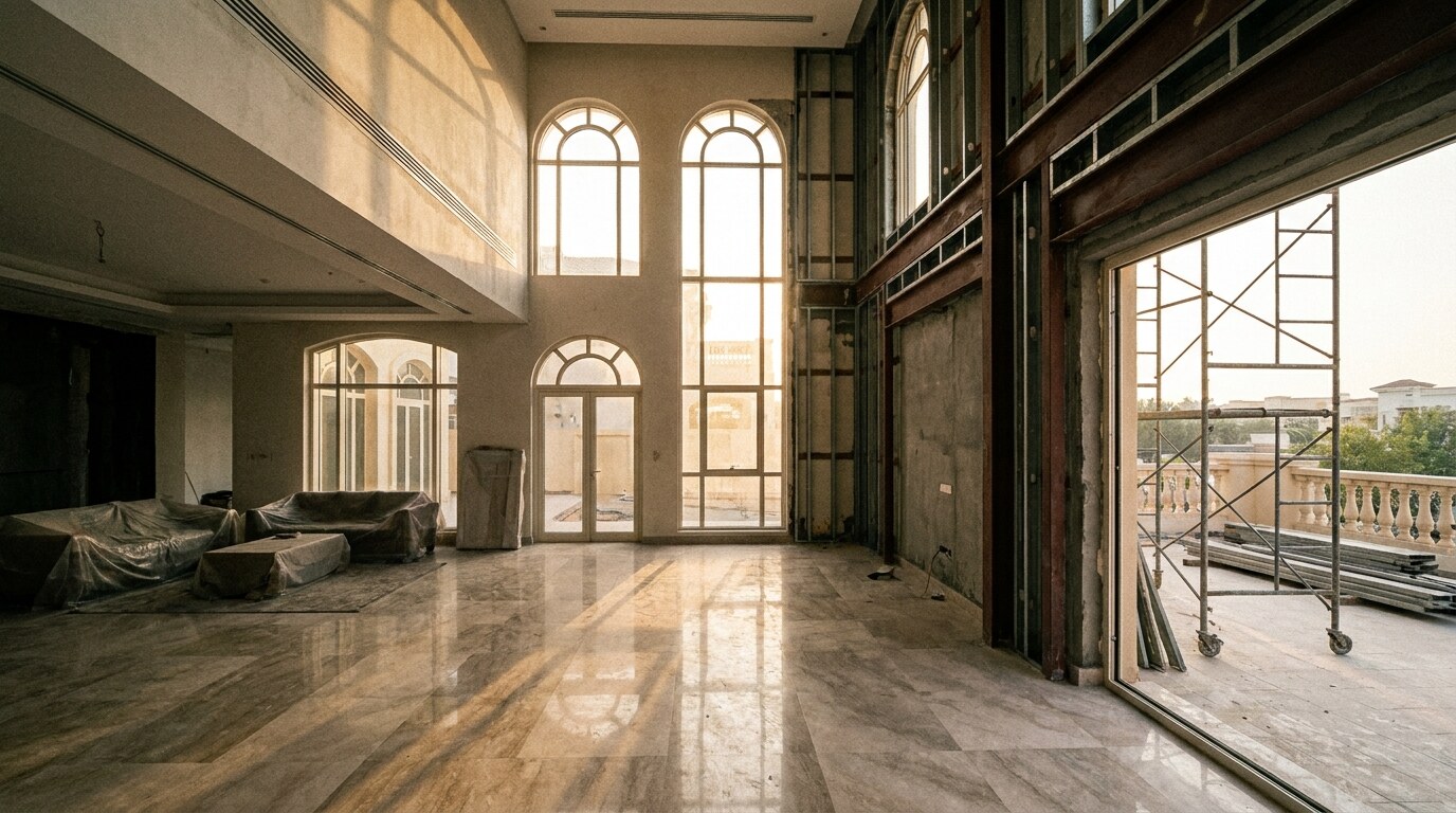A renovated Dubai villa interior with marble floors, double-height ceiling, and neutral palette in the manner of Emirates Hills full-renovation work