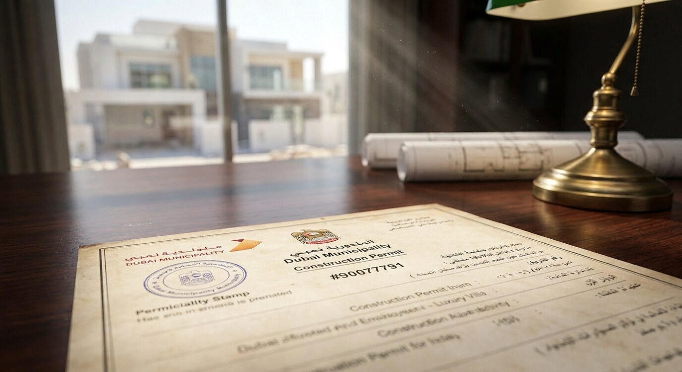 A construction permit stack with stamped Dubai Municipality approvals and architect drawings