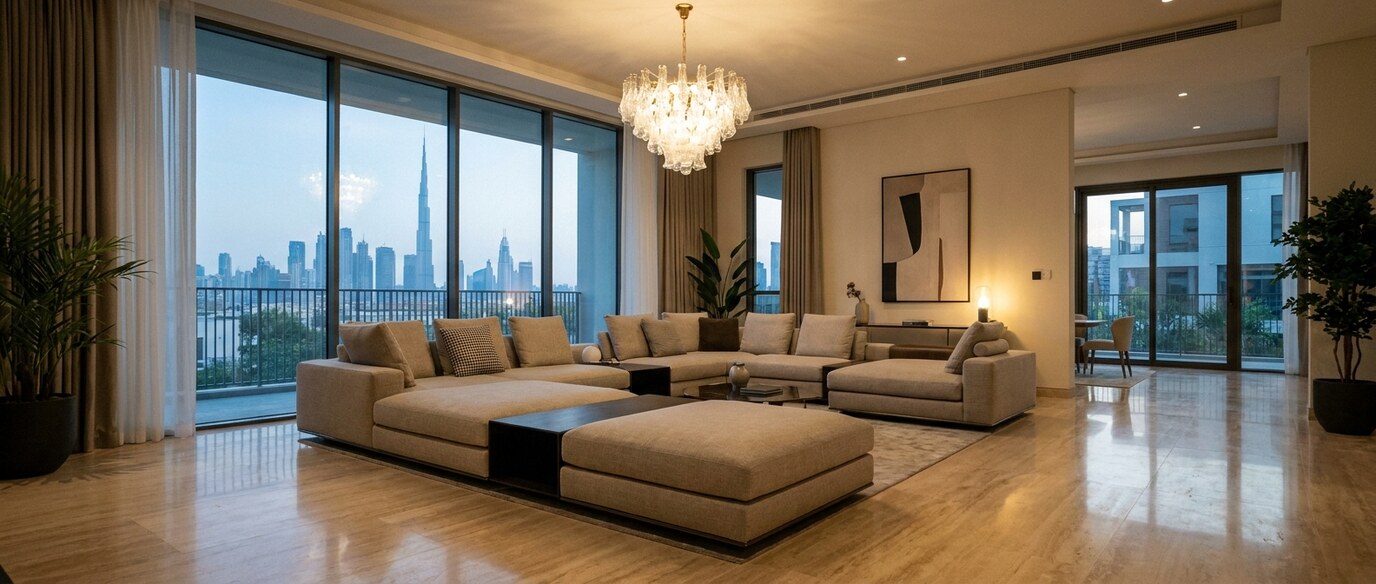 A renovated villa kitchen and dining area in Dubai with stone countertops, custom joinery, and integrated lighting in a neutral palette
