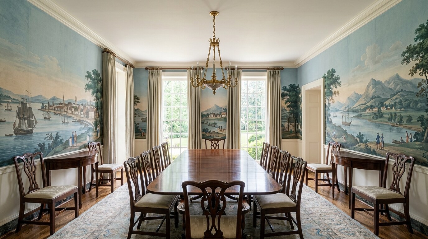 A panoramic Zuber wallpaper installation in a state dining room: Vues de l'Amérique du Nord scene with painted river landscapes, towns, sailing ships, and figures, in continuous panel installation around the perimeter of the room