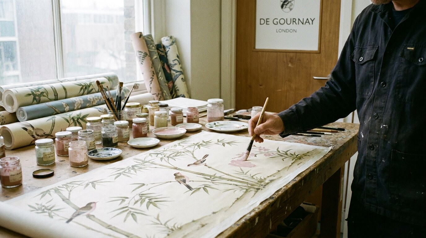 A de Gournay painter at work on a hand-painted chinoiserie panel in the London atelier