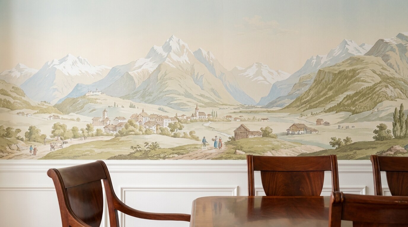 A panel of Zuber's Vues de Suisse panoramic wallpaper, designed 1804, installed in a state dining room